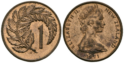Новая Зеландия 1 цент 1971 Елизавета II (1952-2022), лист папоротника KM 31.1 бронза 4173-943