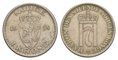 Норвегия 1 крона 1954 Хокон VII (1905-1957) KM 397 медно-никель 4635-632