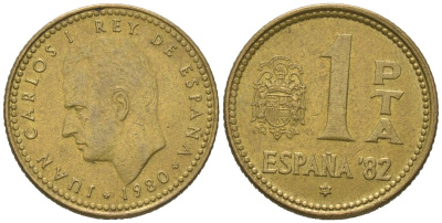 Испания 1 песета 1980 (81), Хуан Карлос I (1975-2014), чемпионат мира по футболу 1982 года в Испании KM 816 алюминиевая бронза 4621-568