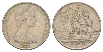 Новая Зеландия 50 центов 1975 Елизавета II (1952-2022), парусник Индевор KM 37.1 медно-никель 4645-1142