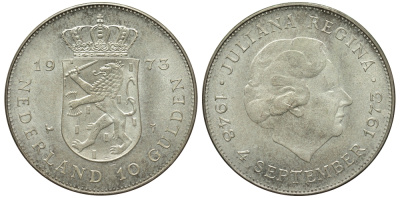 Нидерланды 10 гульденов 1973 25 лет правления королевы Юлианы KM 196 серебро 443-734