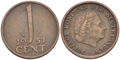 Нидерланды 1 цент 1951 Юлиана (1948-1980) КМ 180 бронза 3955-112