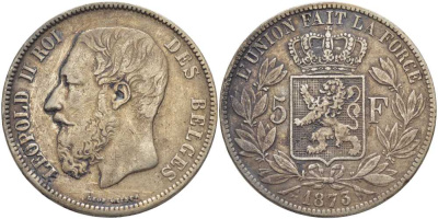 Бельгия 5 франков 1873 Леопольд II (1865-1909), позиция А KM 24 серебро 5010-941