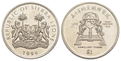Сьерра-Леоне 1 доллар 1999 Китай 2000 – Армиллярная сфера первого века KM 130 медно-никель 1521-1421