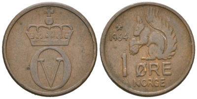 Норвегия 1 эре 1964 белка, Улаф V (1957-1991) KM 403 бронза 3955-159