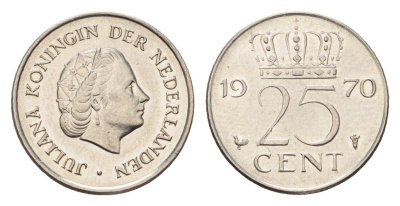 Нидерланды 25 центов 1970 Юлиана (1948-1980) KM 183 никель 4658-863