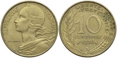 Франция 10 сантимов 1974 KM 929, Le Franc 144.14 медь алюминий никель 192-655