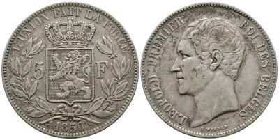 Бельгия 5 франков 1850 Леопольд I (1831-1865), точка над датой KM 17 серебро 74-1132