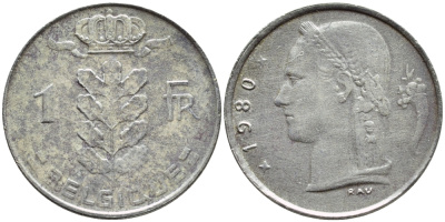 БЕЛЬГИЯ 1 ФРАНК 1980 BELGIQUE KM 142.1 медно-никель 3999-535