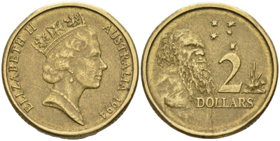 Австралия 2 доллара 1994 абориген, Елизавета II (1953-) KM 101 алюминиевая бронза 4126-1054