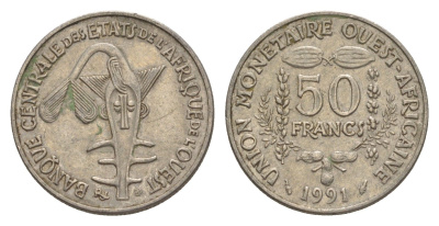 Западная Африка (BCEAO) 50 франков 1991 Центральный банк государств Западной Африки KM 6 медно-никель 4643-758