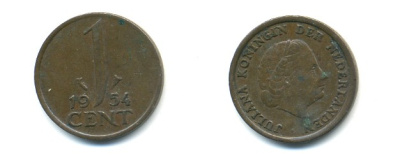 Нидерланды 1 цент 1954 Юлиана (1949-1980) KM 180 бронза 80-949