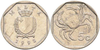 Мальта 5 центов 1993 краб KM 95 медно-никель 4588-129