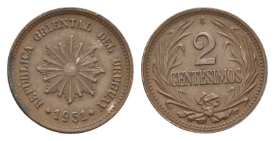 Уругвай 2 сентесимо 1951 KM 20a медь цинк 4674-1012