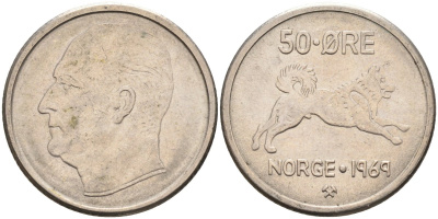 Норвегия 50 эре 1969 Улаф V (1957-1991), собака KM 408 медно-никель 4582-717