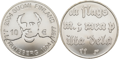 Финляндия 10 евро 2004 200 лет со дня рождения Йохана Людвига Рунеберга, поэт KM 115 серебро  UNC 11-114-21