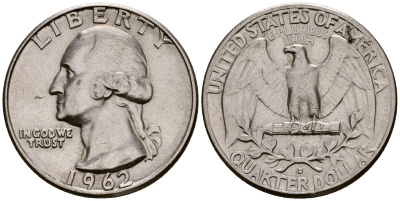 США 25 центов (квотер) 1962 D, Вашингтон KM 164 серебро 00-00