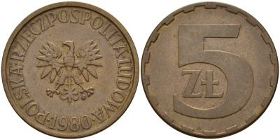 Польша 5 злотых 1980 MW KM 81.1 латунь    4601-1013