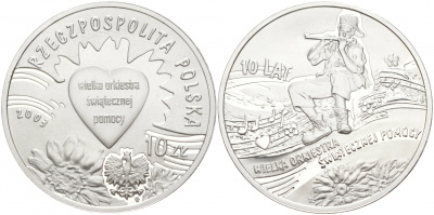 Польша 10 злотых 2003 MW, 10 лет Рождественскому оркестру KM 453 серебро PROOF 1087-5-61