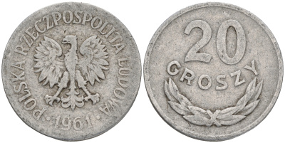 Польша 20 грошей 1961 MW KM А47, Parchimowicz 208b алюминий 4556-326