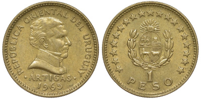 Уругвай 1 песо 1965 KM 46 алюминиевая бронза 36-441
