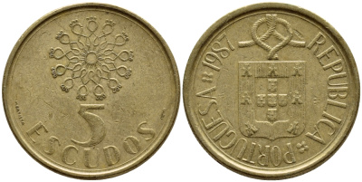 ПОРТУГАЛИЯ 5 ЭСКУДО 1987 KM 632 никель латунь 4395-925