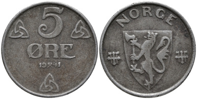 НОРВЕГИЯ 5 ЭРЕ 1941 ХОКОН VII (1905-1957) KM 388 железо 32-1025
