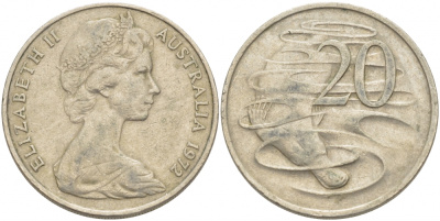 Австралия 20 центов 1972 Елизавета II (1952-2022), утконос KM 66 медно-никель 3457-212