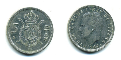 ИСПАНИЯ 5 ПЕСЕТ 1984 ХУАН КАРЛОС I (1975-) KM 823 медно-никель 51-4612