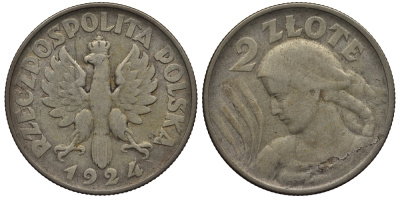 Польша 2 злотых 1924 монетный двор Филадельфия KM 16 серебро 00-817-30