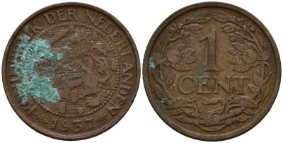 Нидерланды 1 цент 1937 Вильгельмина I (1890-1948) KM 152 бронза 4154-916