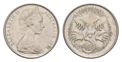 Австралия 5 центов 1981 Елизавета II (1952-2022) молодой портрет, ехидна KM 64 медно-никель UNC 4658-112
