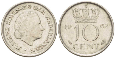 НИДЕРЛАНДЫ 10 ЦЕНТОВ 1962 ЮЛИАНА (1948-1980) KM 182 никель 214-1159