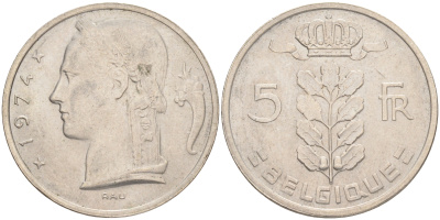 БЕЛЬГИЯ 5 ФРАНКОВ 1974 BELGIQUE KM 134.1 медно-никель 4556-546