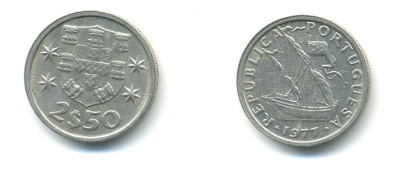 ПОРТУГАЛИЯ 2,5 ЭСКУДО 1977 ПАРУСНИК KM 590 медно-никель 176-127