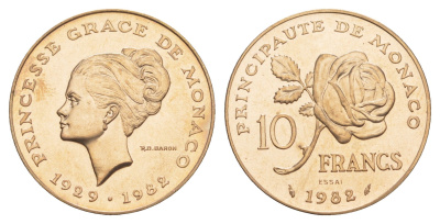 Монако 10 франков 1982 Смерть принцессы Грейс, Essai - Пробник KM E72 медь алюминий никель BU 11-132-34