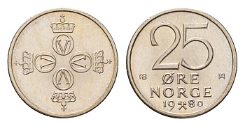 Норвегия 25 эре 1980 Улаф V (1957-1991) KM 417 медно-никель UNC 4588-647