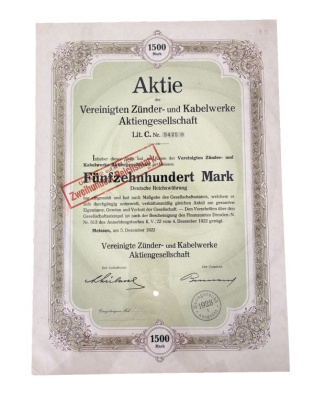 Германия акция на 1500 марок 1922 компании Vereinigte Zünder- und Kabelwerke Aktiengesellschaft / Акционерное общество «Объединенные заводы по производству запалов и кабелей»  бумага  5555-16