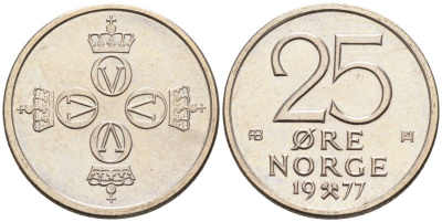 Норвегия 25 эре 1977 Улаф V (1958-1991) KM 417 медно-никель UNC 4580-1048
