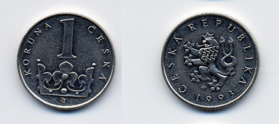 ЧЕХИЯ 1 КРОНА 1993 KM 7 сталь плакированная никелем 46-1025