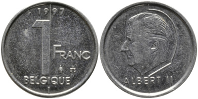 БЕЛЬГИЯ 1 ФРАНК 1997 BELGIQUE, АЛЬБЕРТ II (1993-) KM 187 железо плакированное никелем 99-1232