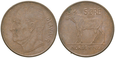 Норвегия 5 эре 1972 лось, Улаф V (1958-1991) KM 405 бронза 4616-1023