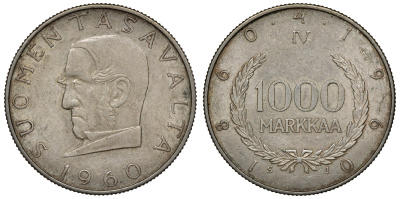 Финляндия 1000 марок 1960 S-J, 100 лет марочной системе Снеллмана (1860-1960) KM 43 серебро 4044-1423