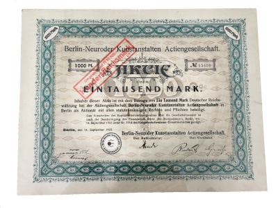 Германия акция в 1000 марок 1923 компании Berlin-Neuroder Kunstanstalten Actiengesellschaft / производство бумажных изделий и фотоматериалов бумага 5555-19