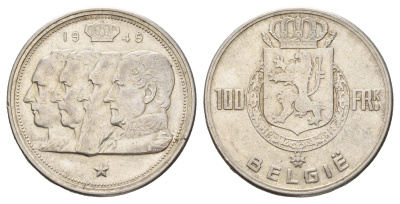 Бельгия 100 франков 1948 Леопольд III (1934-1950), Belgiqe KM 139 серебро 1519-843