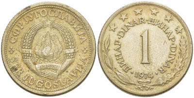 Югославия 1 динар 1974 KM 59 медь никель цинк 77-1031