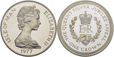 Остров Мэн 1 крона 1977 Серебряный юбилей правления королевы Елизаветы II KM 42а серебро PROOF 11-152-13