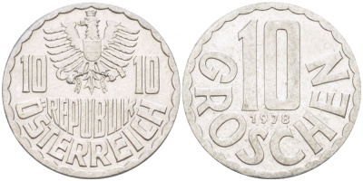 АВСТРИЯ 10 ГРОШЕЙ 1978 KM 2878 алюминий 3309-958