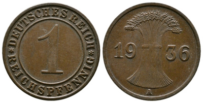 Германия 1 рейхспфенниг 1936 A KM 37, J. 313 бронза 220-161