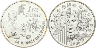 Франция 1 1/2 евро 2006 Декларация Шумана, день Европы 9 мая 1950 года, в оригинальной коробке, с сертификатом серебро PROOF 7-5-4-06